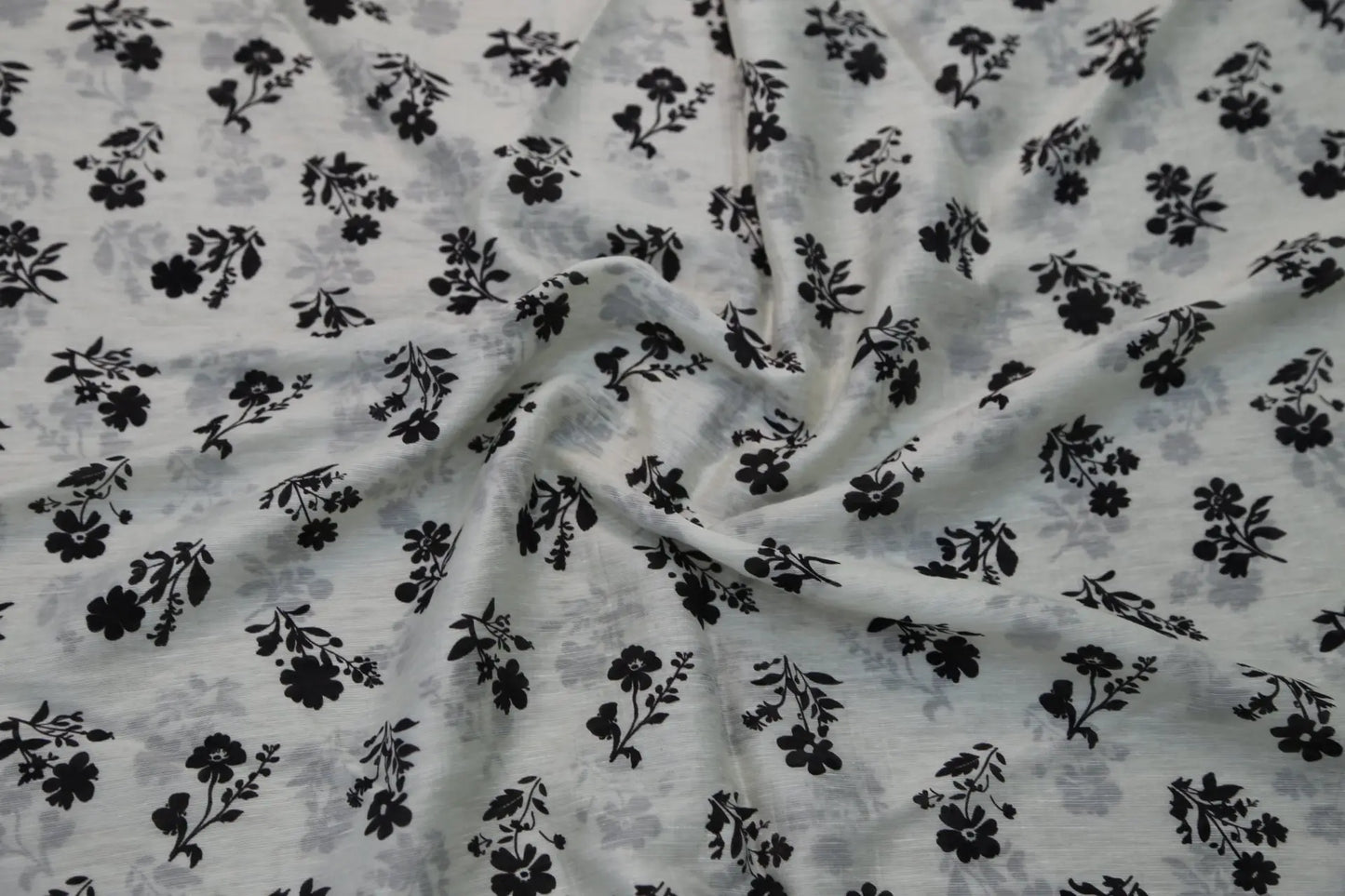 Black and White Floral Fabric - Natural Crinkle Texture Cotton Linen Blend - Boho Duvet Cover Upholstery Material 145cm Width Joomme Fabric