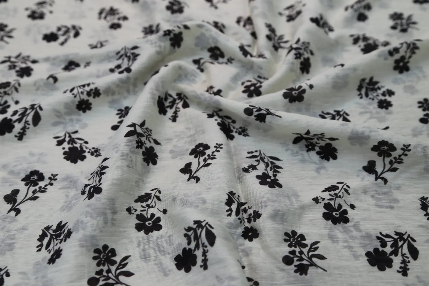 Black and White Floral Fabric - Natural Crinkle Texture Cotton Linen Blend - Boho Duvet Cover Upholstery Material 145cm Width Joomme Fabric