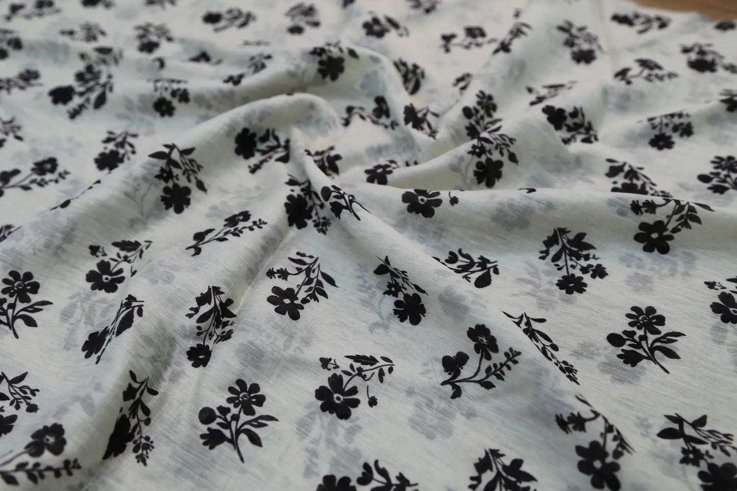Black and White Floral Fabric - Natural Crinkle Texture Cotton Linen Blend - Boho Duvet Cover Upholstery Material 145cm Width Joomme Fabric