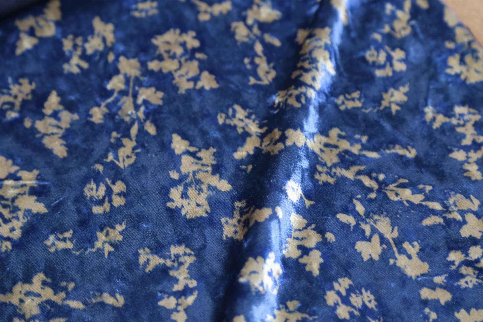 Royal Blue Floral Velvet Fabric – Golden Blossom Print Joomme Fabric