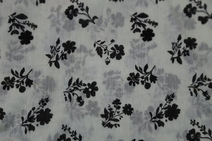 Black and White Floral Fabric - Natural Crinkle Texture Cotton Linen Blend - Boho Duvet Cover Upholstery Material 145cm Width Joomme Fabric