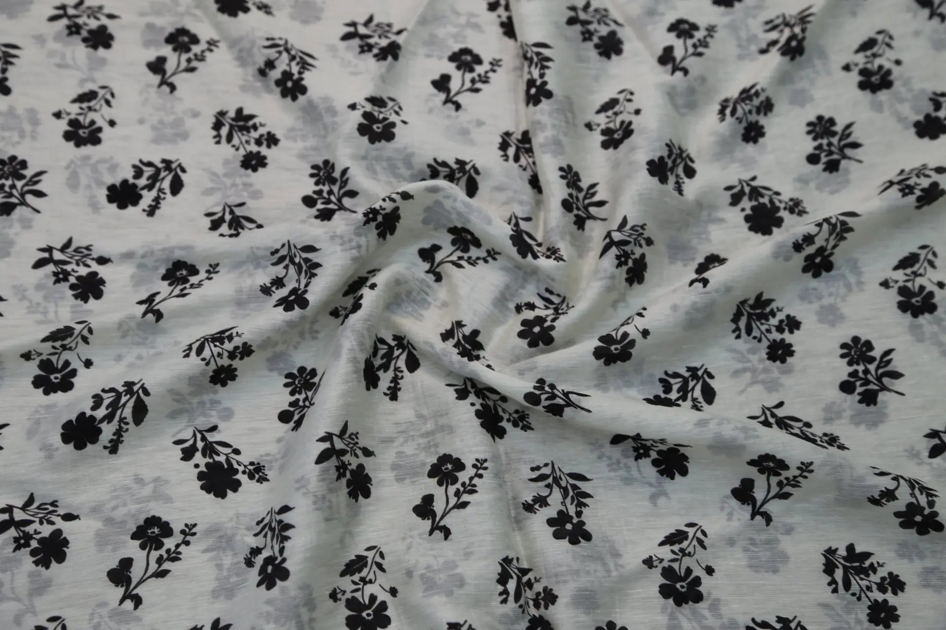 Black and White Floral Fabric - Natural Crinkle Texture Cotton Linen Blend - Boho Duvet Cover Upholstery Material 145cm Width Joomme Fabric