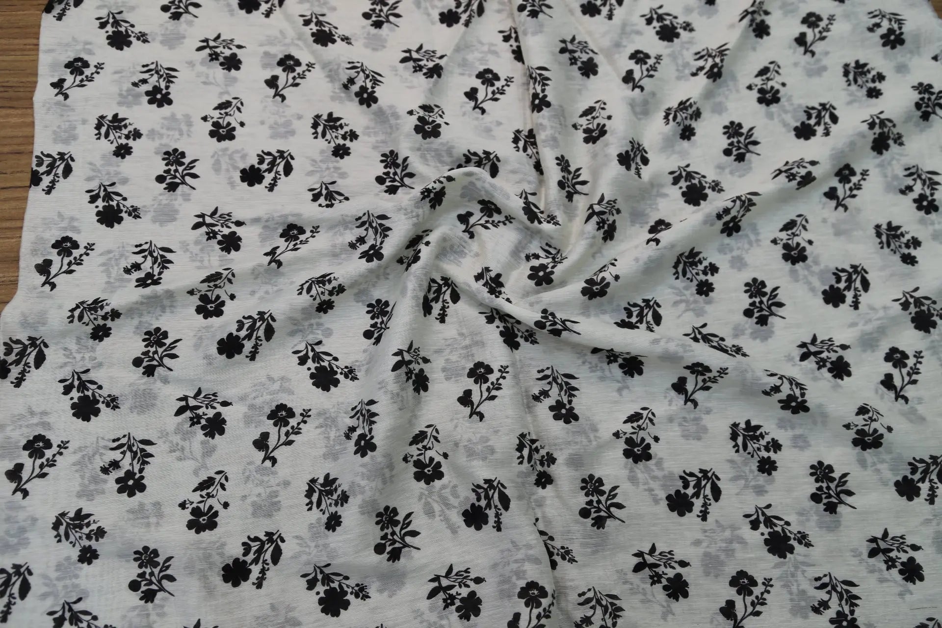 Black and White Floral Fabric - Natural Crinkle Texture Cotton Linen Blend - Boho Duvet Cover Upholstery Material 145cm Width Joomme Fabric