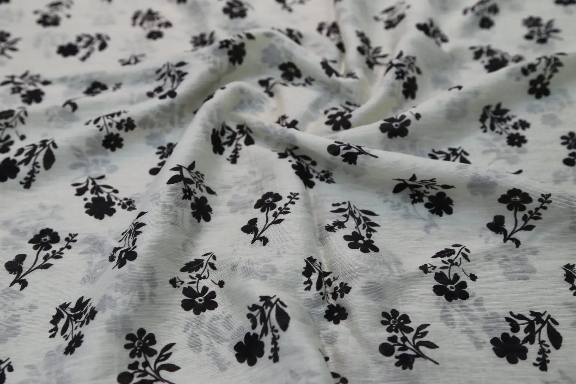 Black and White Floral Fabric - Natural Crinkle Texture Cotton Linen Blend - Boho Duvet Cover Upholstery Material 145cm Width Joomme Fabric