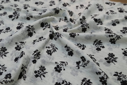 Black and White Floral Fabric - Natural Crinkle Texture Cotton Linen Blend - Boho Duvet Cover Upholstery Material 145cm Width Joomme Fabric
