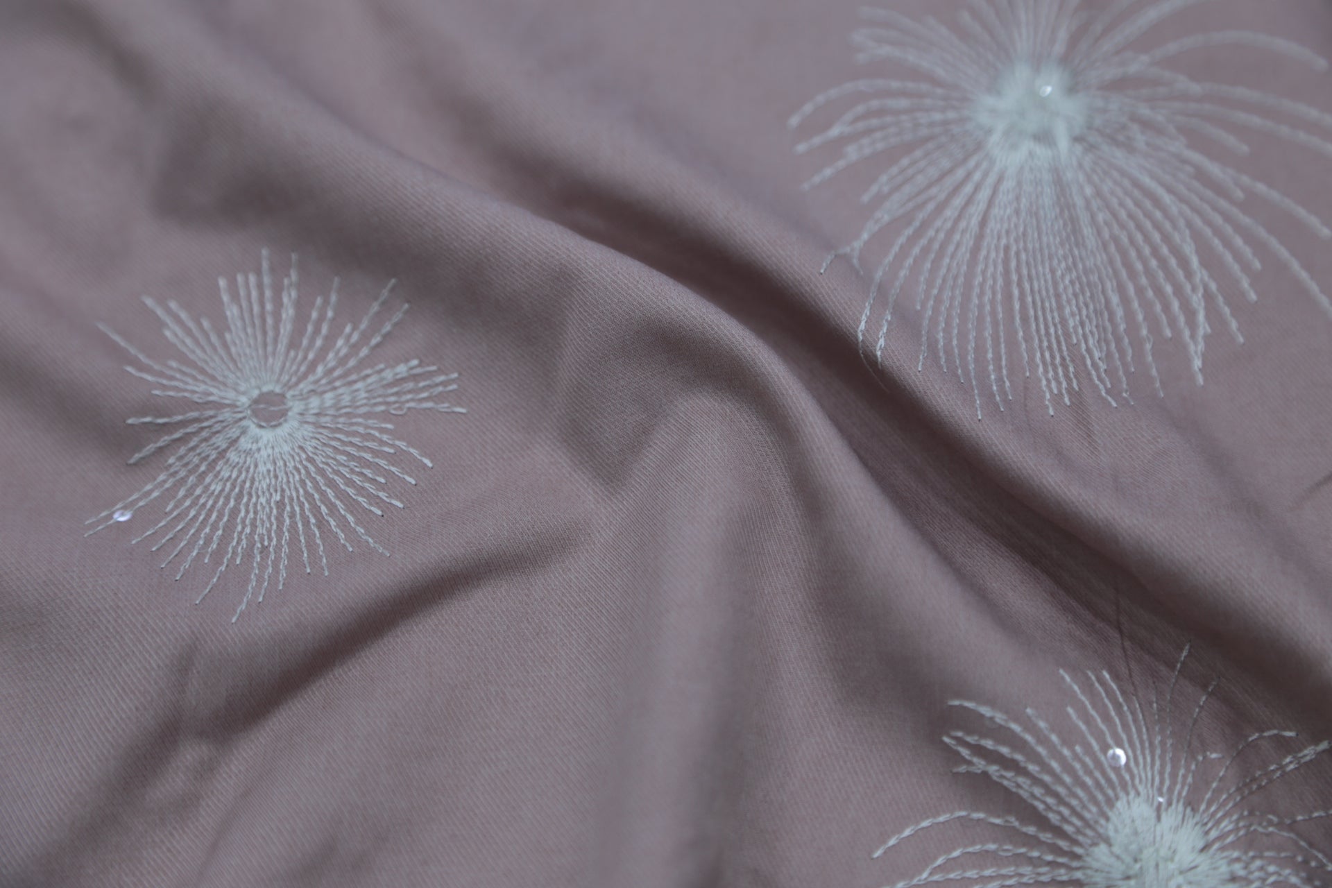 Dandelion Puff Embroidery Fabric - 100% Polyester Textile in Muted Rose | Lightweight Drapery for Dresses Joomme Fabric Shop