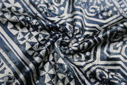 Navy Blue Geometric Floral Print Fabric – Cotton Blend, 160cm Wide, DIY Sewing & Crafts Joomme Fabric Shop