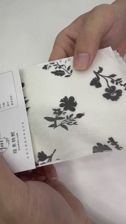 Black and White Floral Fabric - Natural Crinkle Texture Cotton Linen Blend - Boho Duvet Cover Upholstery Material 145cm Width